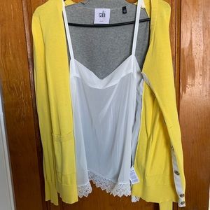 Yellow front, gray back cardigan with white lace underneath